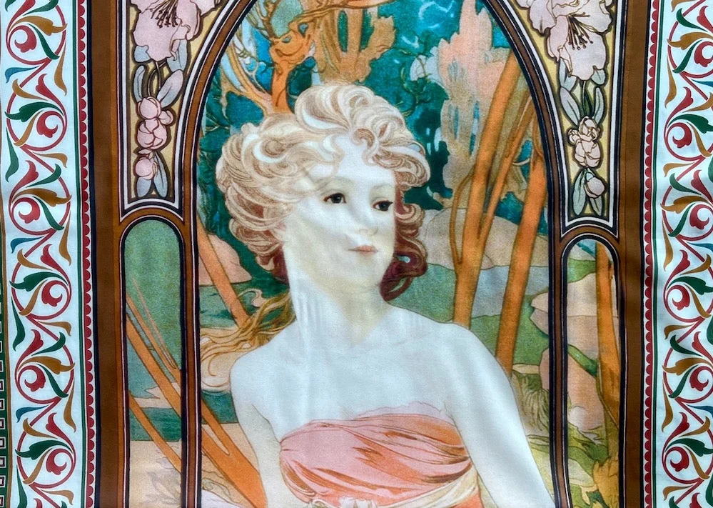 52" Panel - Alluring Alphonse Mucha Inspired Semi-Sheer Stretch Silk Chiffon (Made in Italy)