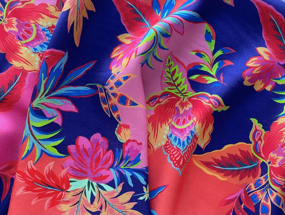63" Panel - Magically Enticing Nighttime Tropical BloomsRayon Challis (Made in Italy)