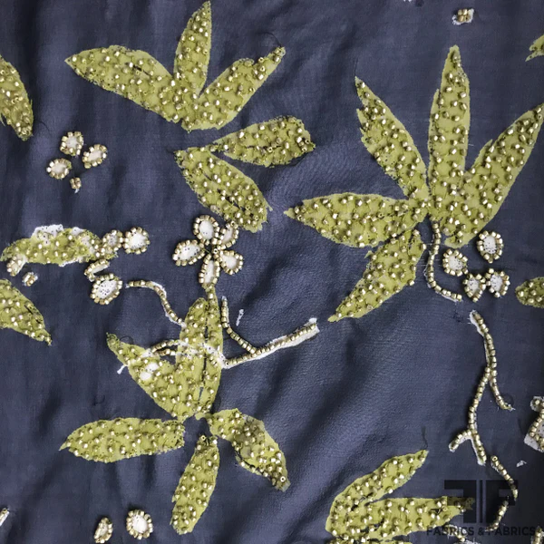 Printed & Hand Beaded Silk Chiffon - Black/Green
