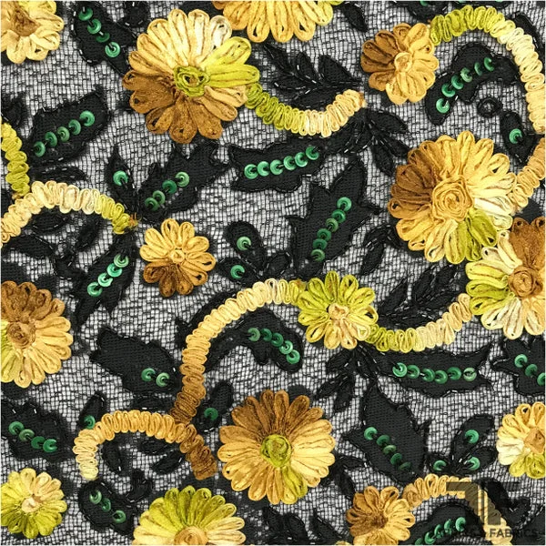 Couture Floral Beaded/Embroidered Netting -Yellow/Black