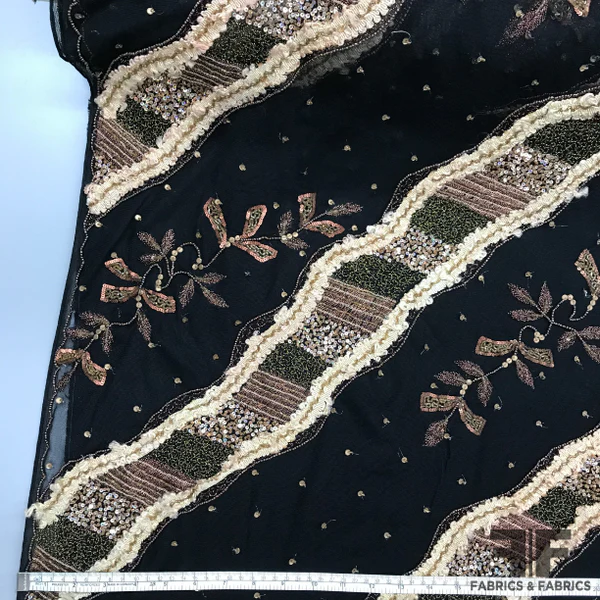 Hand-Beaded & Embroidered Tulle - Black/Beige