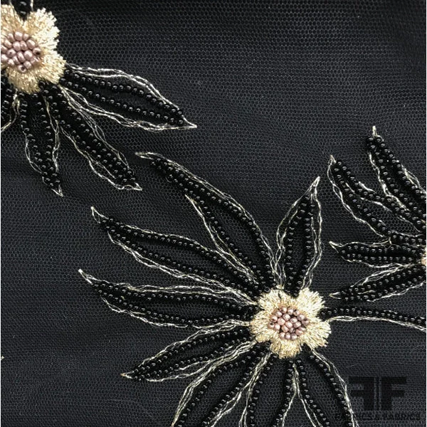 Floral Hand-Beaded & Embroidered Netting - Black/Gold