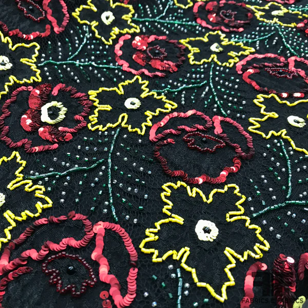 Floral Hand-Beaded Lace - Black/Yellow/Red/Green