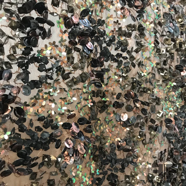 Abstract Shaped Sequins on Silk Chiffon - Brown-Copper/ Iridescent Green