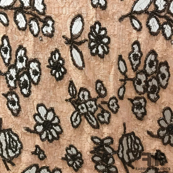 Couture Beaded Floral Mesh Lace - Beige/Black