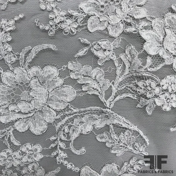 French Floral Chantilly Lace - Ivory/Silver