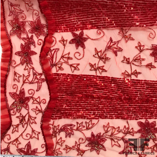 Couture Floral Embroidered & Beaded Netting - Red