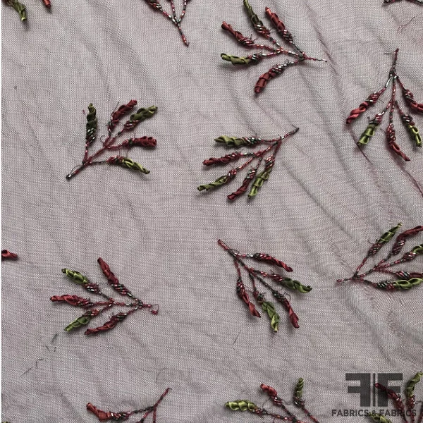 Couture Embroidered & Beaded Netting - Maroon/Green