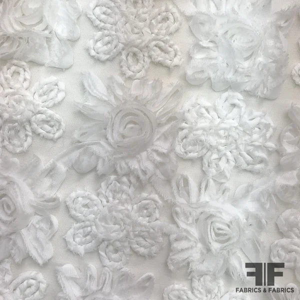 3D Floral Embroidered Netting - White
