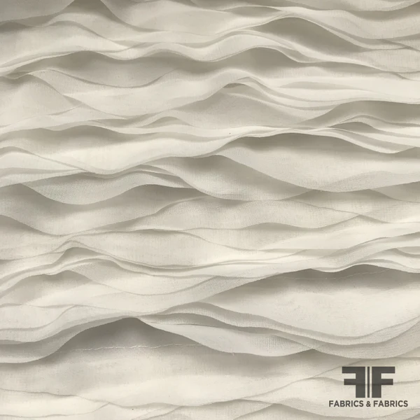 Novelty Couture Silk Ruffles Stitched onto Tulle - White