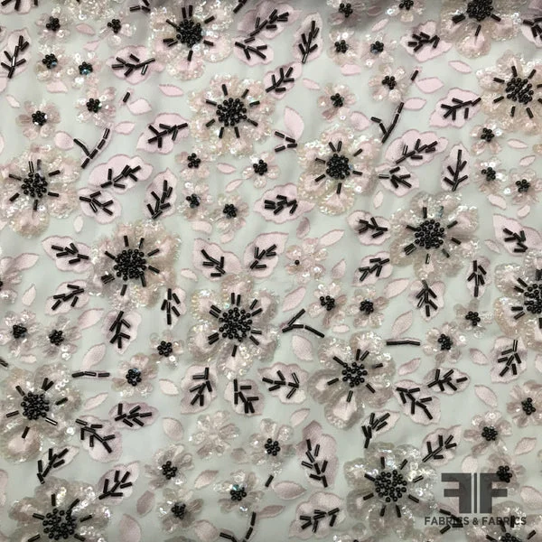 Couture Floral Embellished & Beaded Silk - Pale Pink/Black