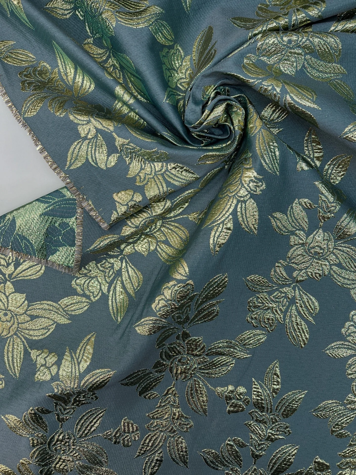 Jacquard - Metallic Leaves in Teal and Gold