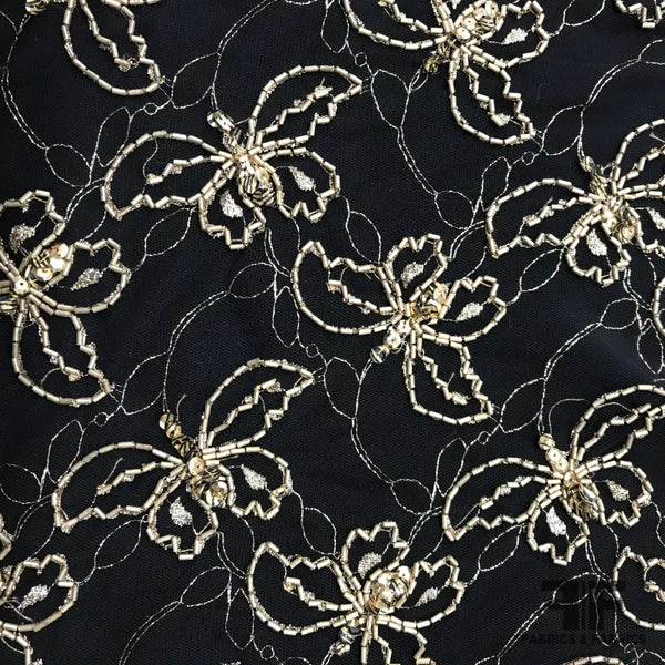 Couture Butterfly Beaded Netting - Black/Gold