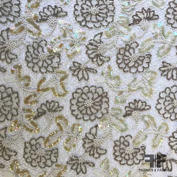 Vintage French Couture Hand Beaded/Sequin Floral Lace - Ivory/Brown/Beige