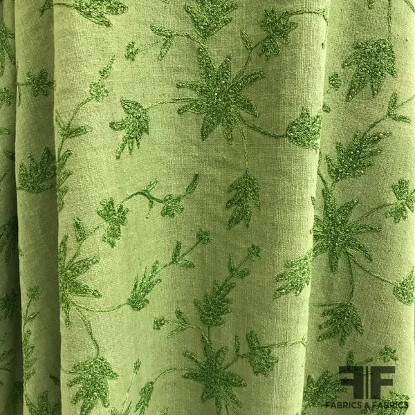 Floral Embroidered Sequin Silk Noile - Green