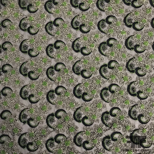 Floral Beaded Tulle with Scalloped Edge - Green/Black/White