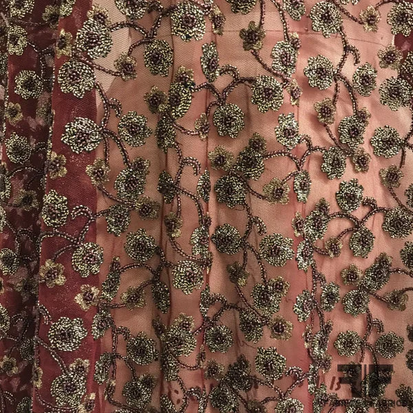 Floral Beaded Tulle with Scalloped Edge - Maroon/Bronze