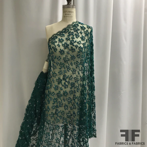 Vintage French Beaded Chantilly Lace with Scalloped Edge - Green/Black