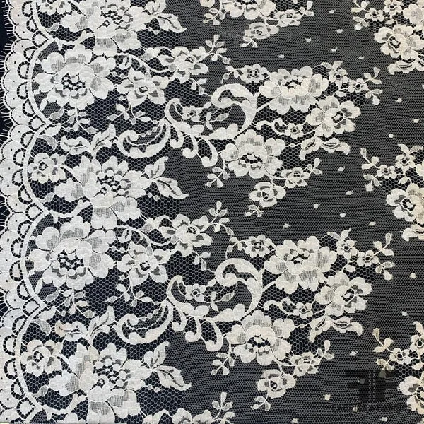 French Floral and Polka Dot Chantilly Lace with Double Border - White
