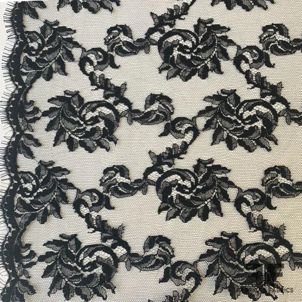 French Scalloped Floral Swirl Chantilly Lace - Black