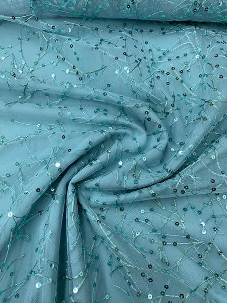 Pamella Roland Abstract Embroidered Tulle with Sequins and Gradient - Aqua