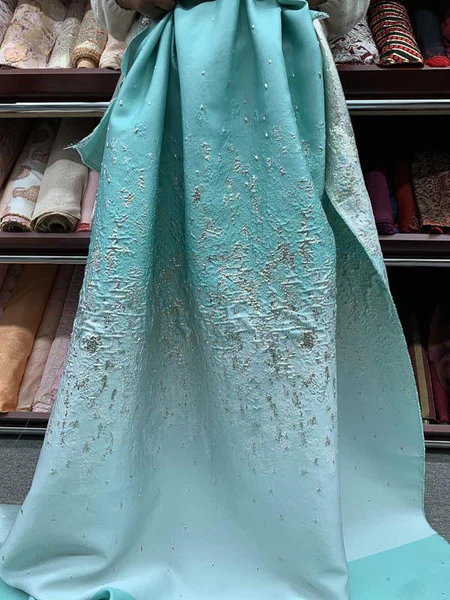 Pamella Roland Novelty Abstract Metallic and Ombré Matelassé Brocade Panel - Aqua / Silver-Gold