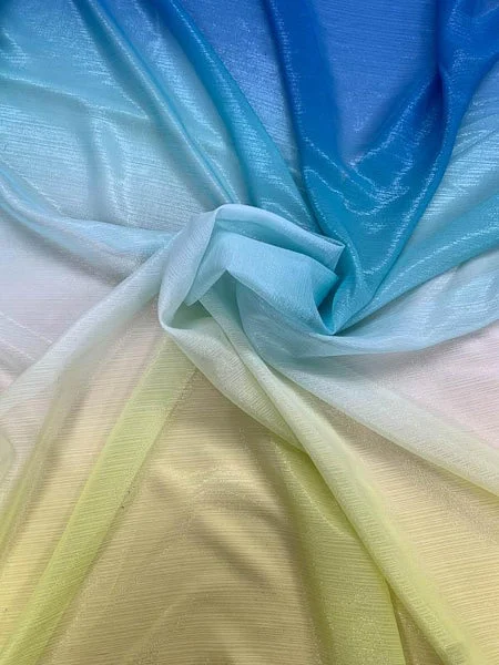 Ombré with Metallic Pinstripe Silk Chiffon - Blue / Aqua / Yellow