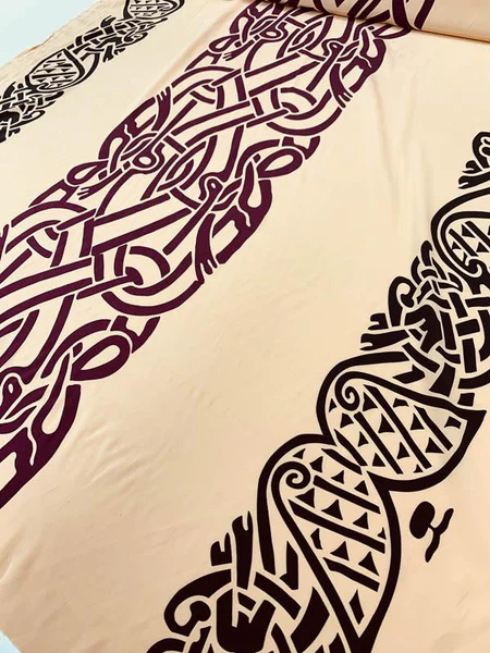 Hieroglyphic-Like Stretch Printed Silk Crepe de Chine - Nude / Black / Maroon