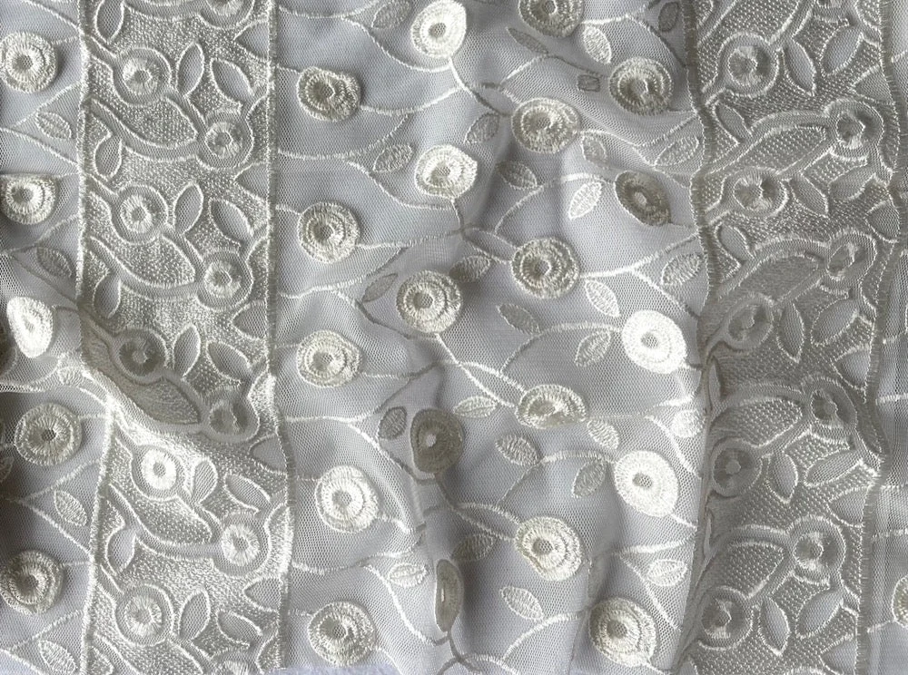 Pale Ivory Embroidered Vining Flowers Lace Tulle Fabric