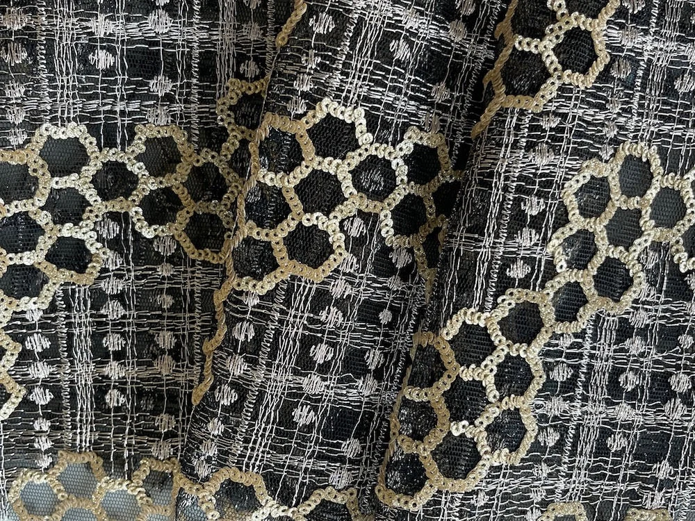 Embroidered Platinum Geometric & Matte Gold Sequined Lace Fabric (Made in India)
