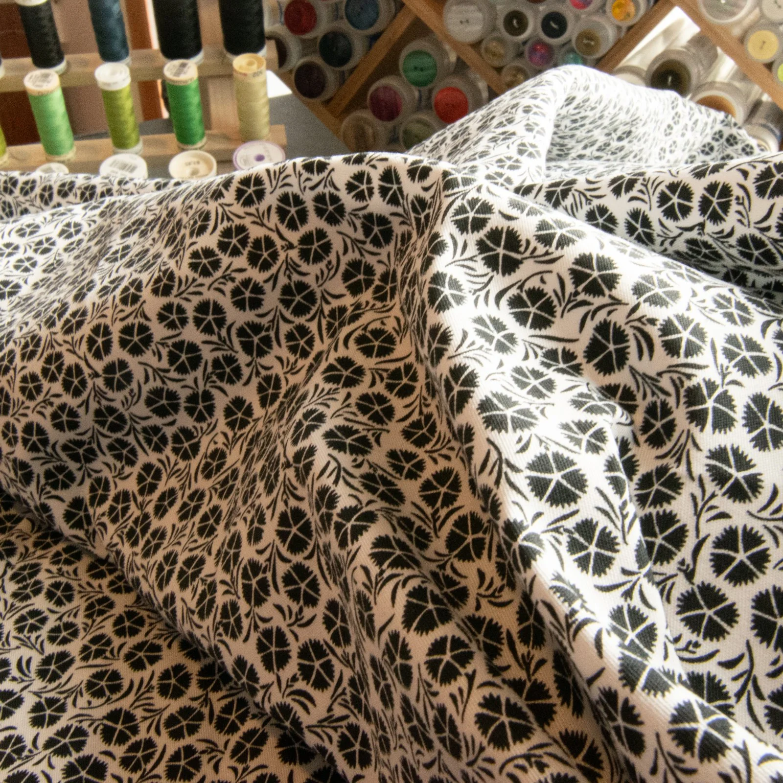 Cotton Poplin, French - "Black and White Floral"