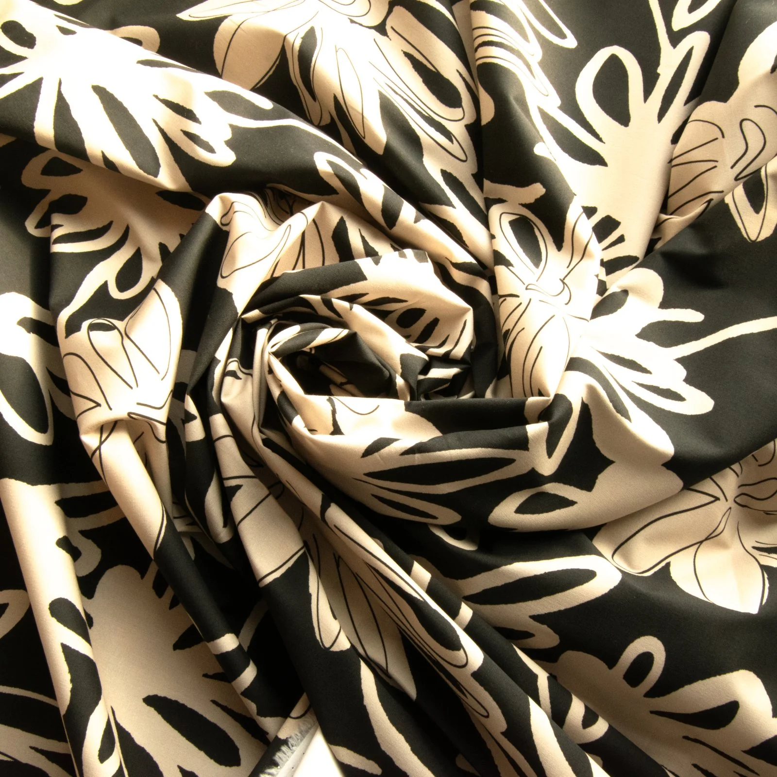 Cotton Poplin, French - "Large Black and Tan Floral"