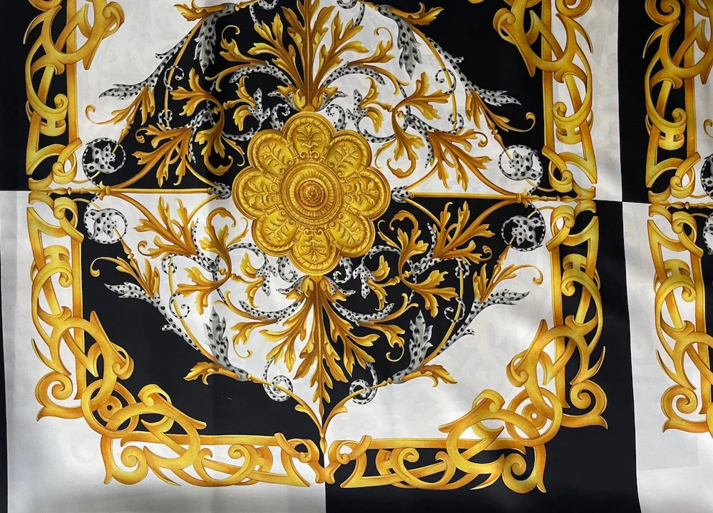 42" Panel -Stunning Baroque Golden Mikado, Obsidian & Cloud Swirls Silk Crepe De Chine (Made in Italy)