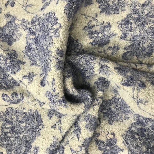 Italian Floral Printed Wool Boucle - Navy/Light Blue/Beige