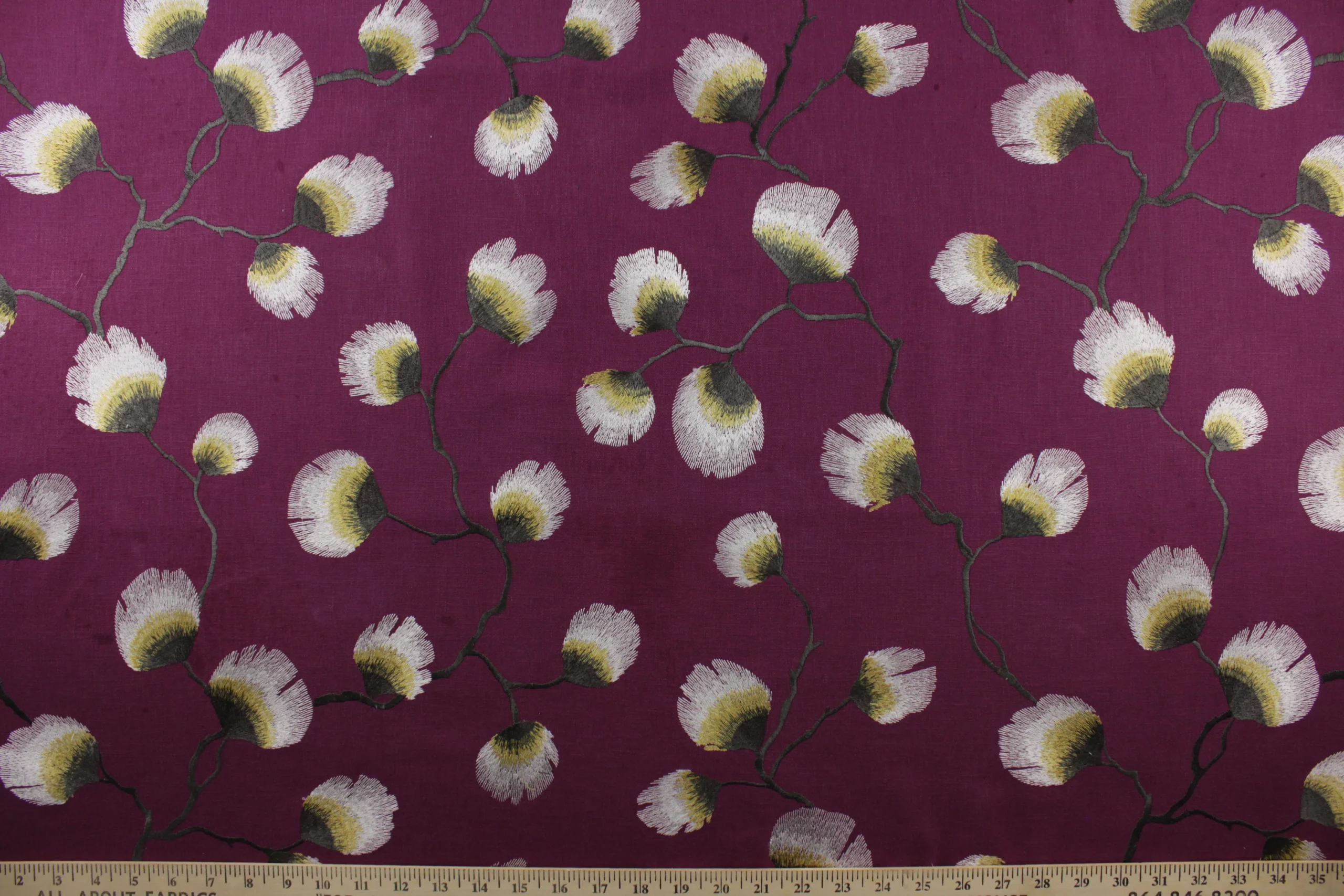 4 Yards ~ Feathery Leaves Embroidered Fabric in Plum