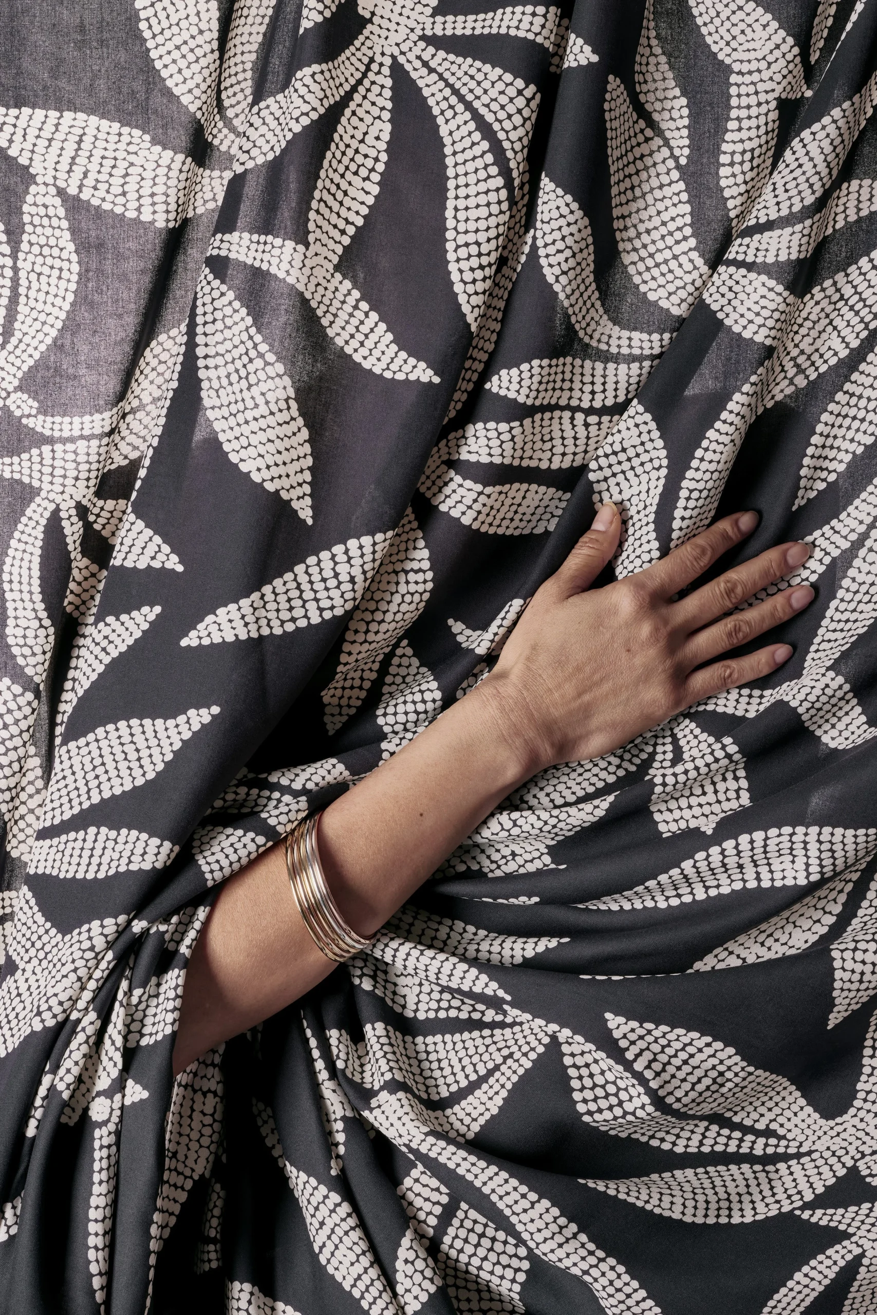 Viscose Challis - Koala Deep Charcoal with White Leaf Print