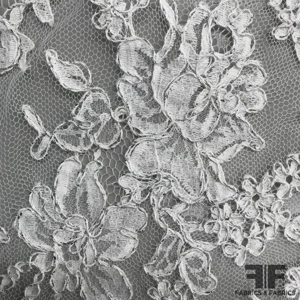 French Classic Floral Alencon Lace with Silver Accent - White