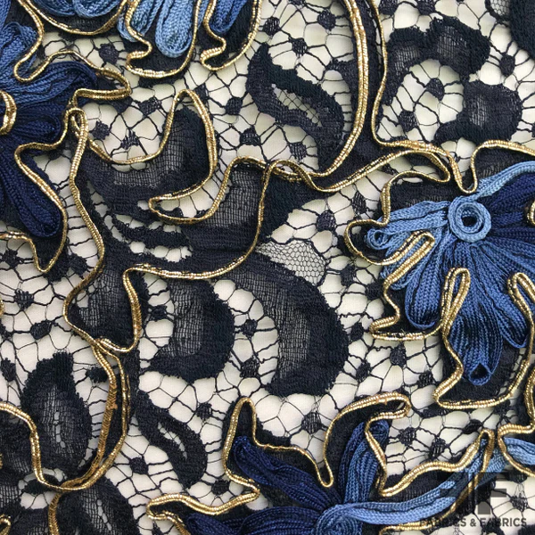 Textured Floral Ribbon Embroidered Lace - Navy/Gold