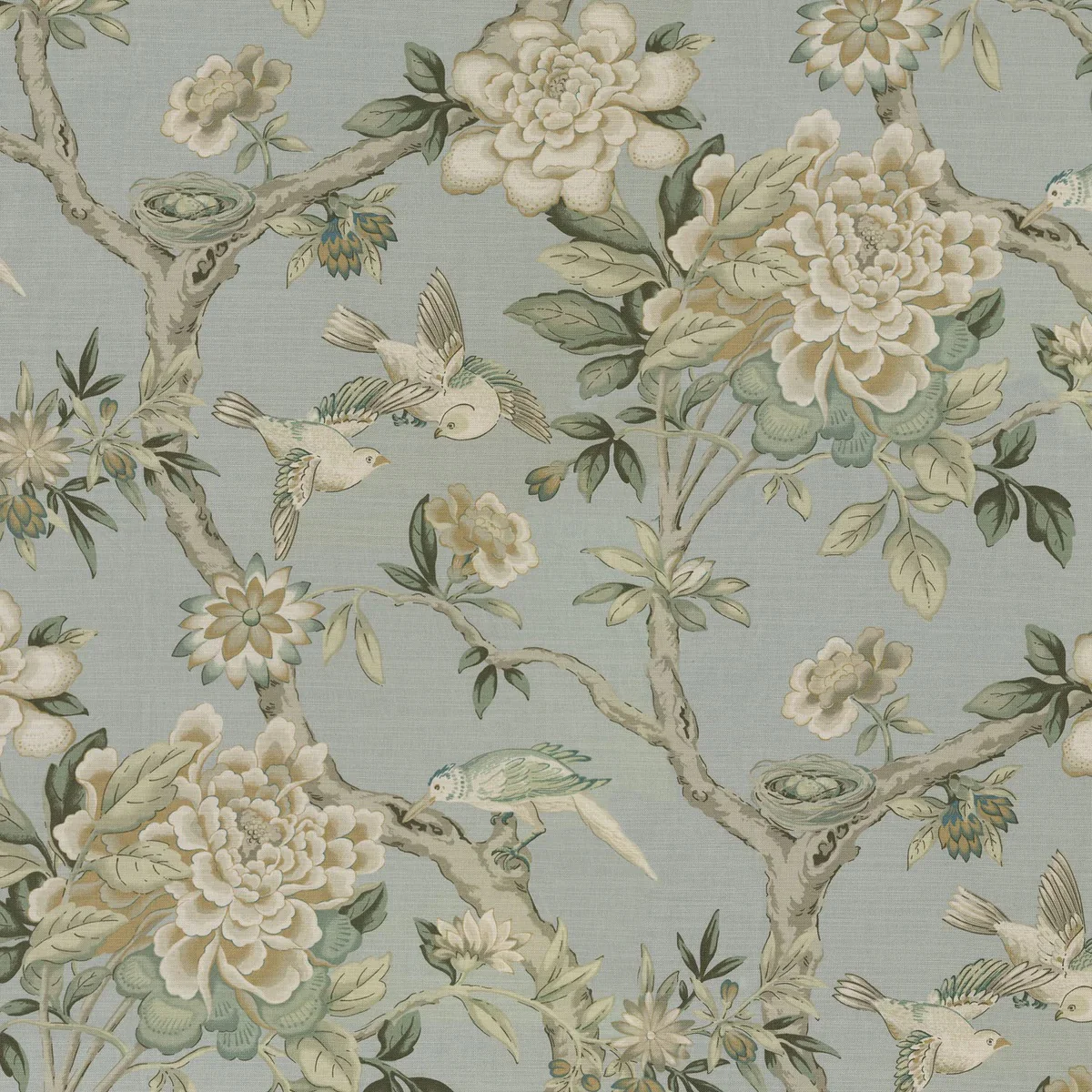 Waverly Mudan Bird Fabric in Platinum