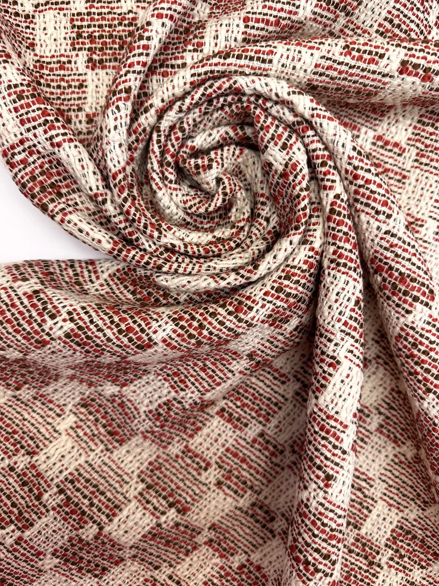 Wool Boucle - Cream, Red, Brown Cross-Texture