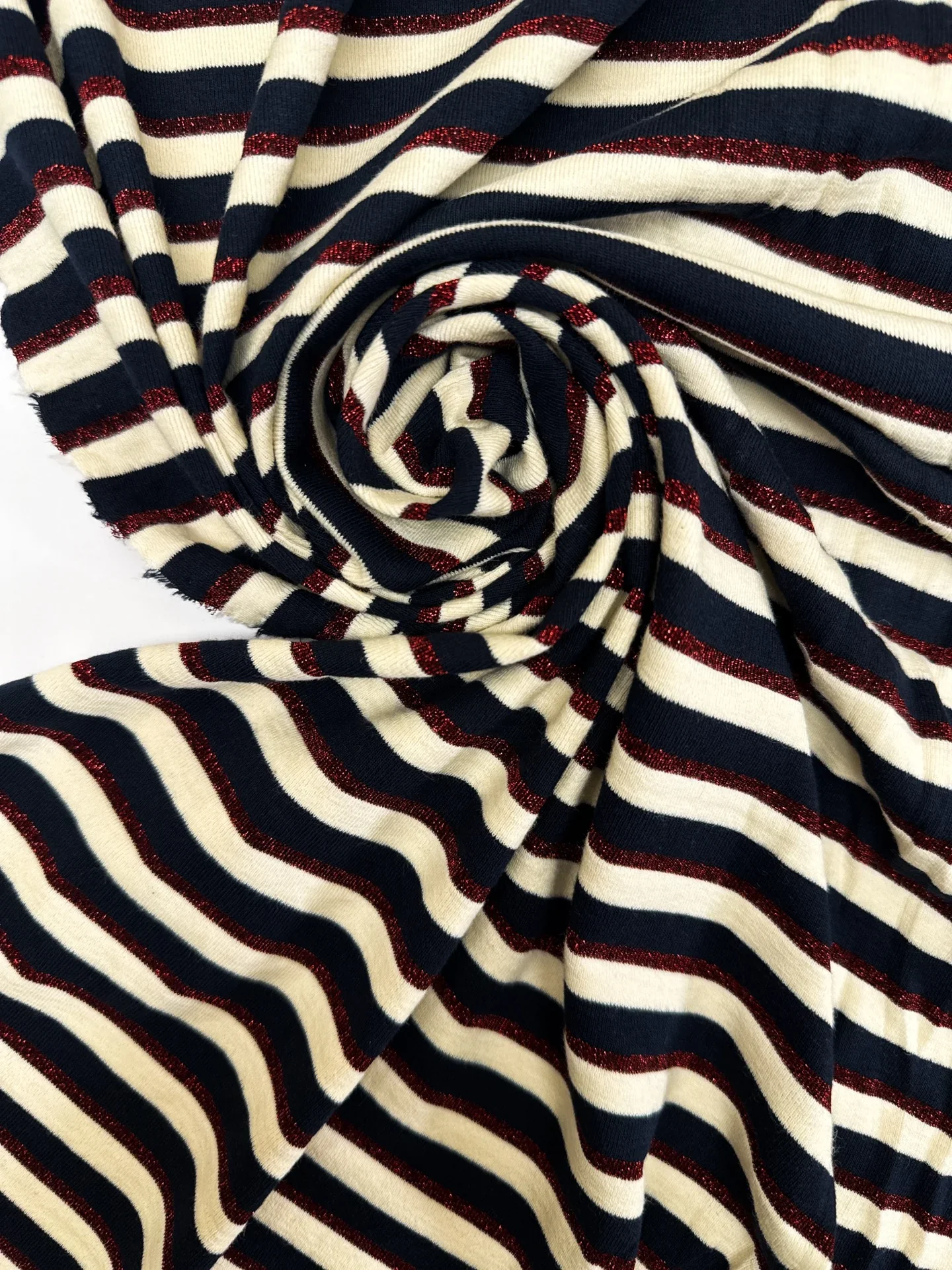 Mid-weight Knit with Metallic Stripes: Cream, Blue, and Red Metallic Stripes