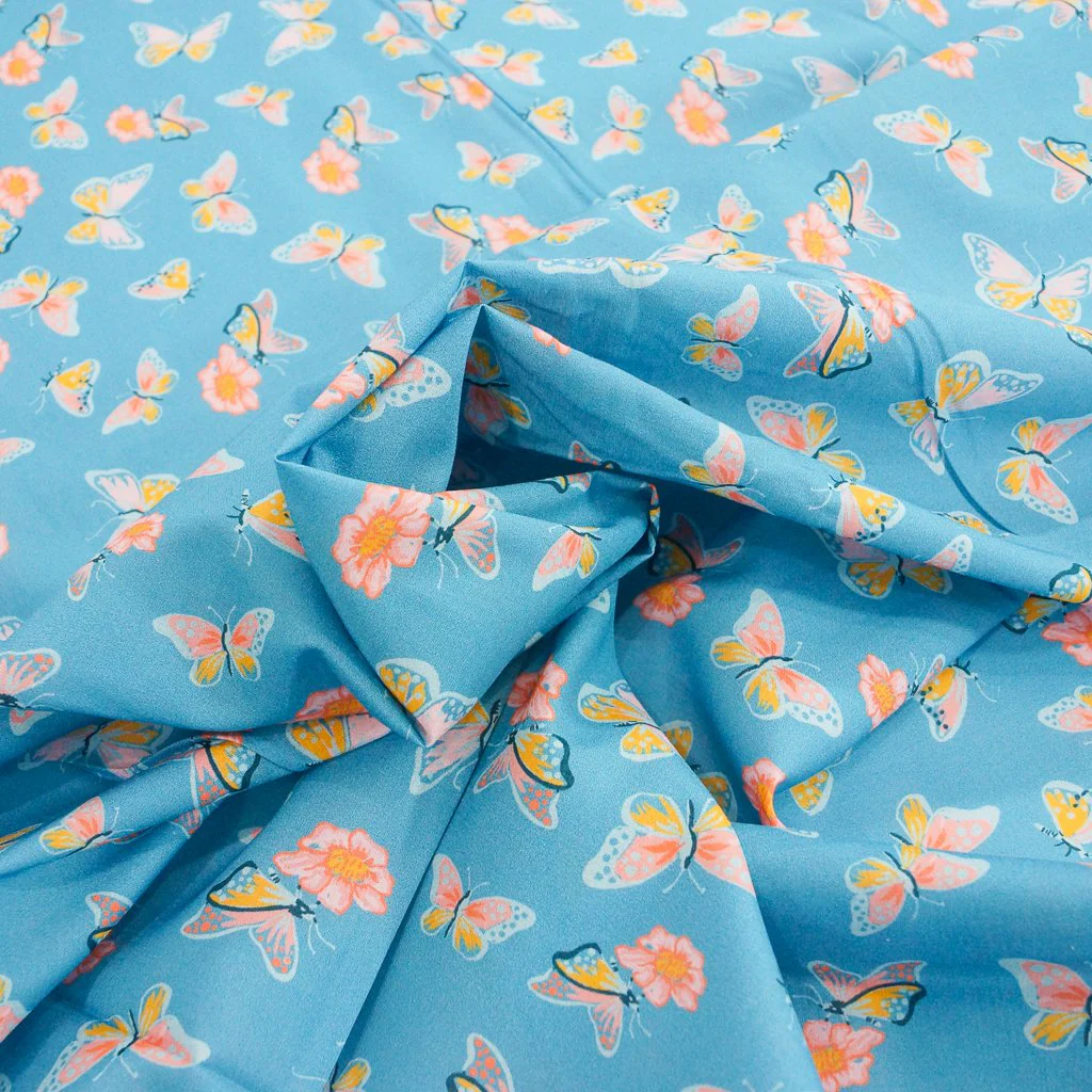 Cotton Lawn - Organic - "Butterflies on Blue"