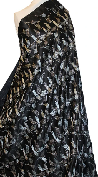 Polyester Satin with Bird-Look Embroidery - Black/Silver
