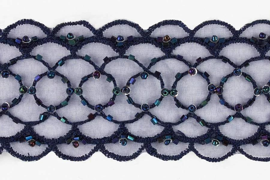 2" Navy Scalloped Galloon Beaded Lace