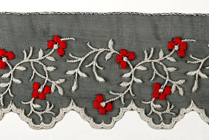 3"Black & Carmine Floral Embroidered Silk Organza Edging Trim