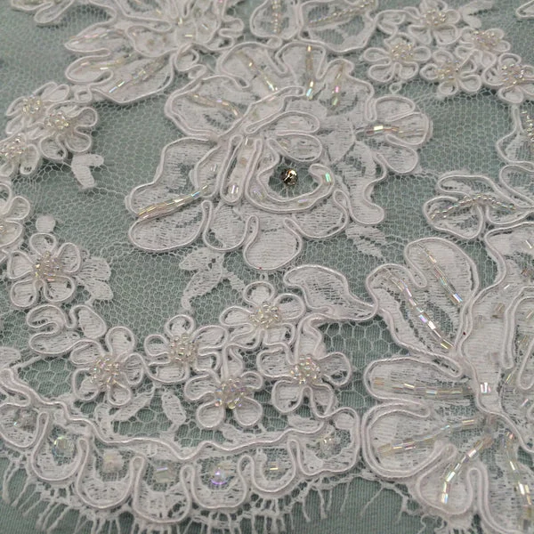 Beaded Double Border Alencon Lace - White