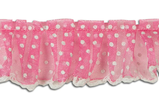 1" Dotted Pink Sheer Organza Ruffled Trim