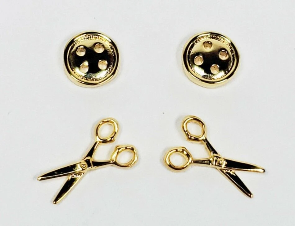 Button & Scissor Earrings Gold Tone