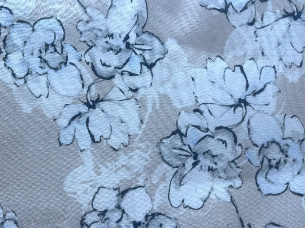 Semi-Sheer Palest Ice & Pearly Grey Delicate Blooms on Toasted Sand Silk Gazaar(Made in Italy)