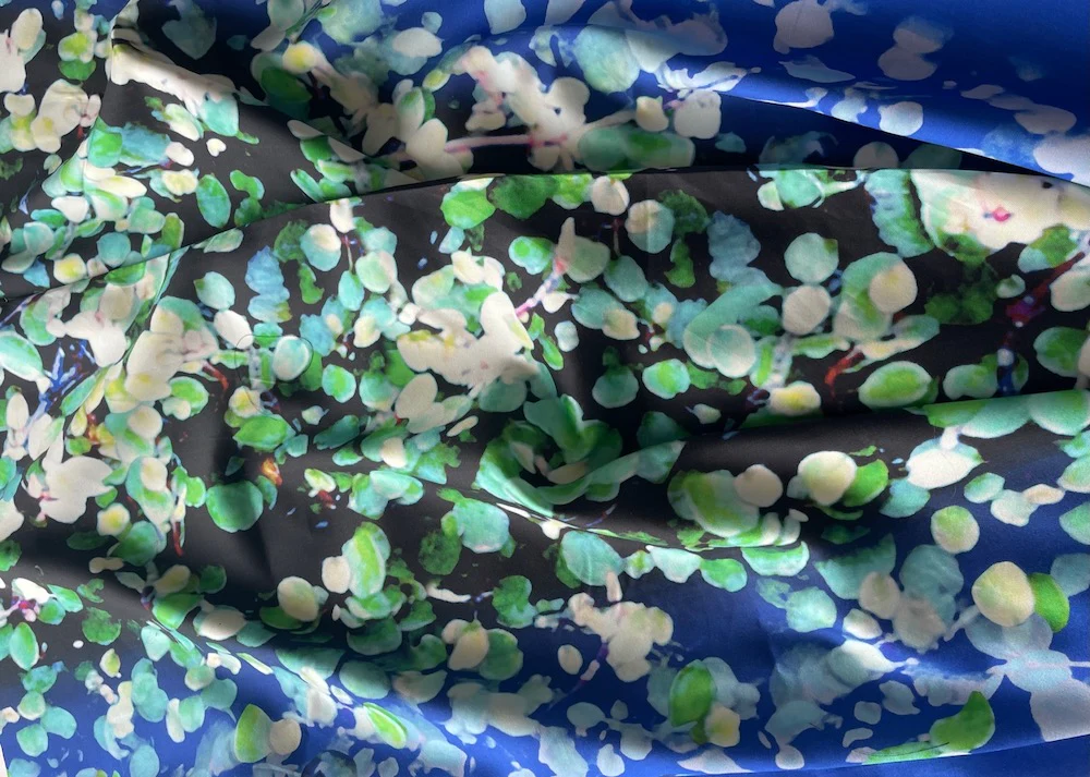 54" Panel - Impressionist-inspired Soft Focus Floral with Azure Bands Crisp Silk faille(Made in Italy)